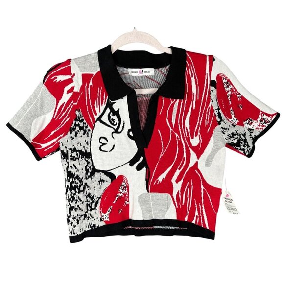 NWT Womens Abstract Art Knit Crop Top Large Artsy Avant Garde Punk Emo Y2K - Picture 1 of 7